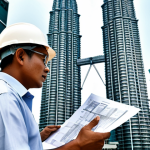 ** A professional architect, fully clothed in modest, office-appropriate attire, reviewing blueprints at a construction site in Kuala Lumpur. The iconic Petronas Towers are visible in the background. Safe for work, appropriate content, perfect anatomy, correct proportions, natural pose, well-formed hands, proper finger count, natural body proportions, high quality, professional.

**
