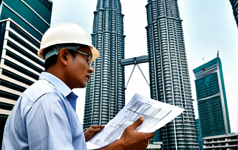 ** A professional architect, fully clothed in modest, office-appropriate attire, reviewing blueprints at a construction site in Kuala Lumpur. The iconic Petronas Towers are visible in the background. Safe for work, appropriate content, perfect anatomy, correct proportions, natural pose, well-formed hands, proper finger count, natural body proportions, high quality, professional.

**