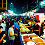 **Image:** A bustling scene at a vibrant "pasar malam" (night market) in Kuala Lumpur, Malaysia. Food stalls are brightly lit, offering local delicacies like "nasi lemak," "satay," and "cendol." People of diverse ethnicities are enjoying the food and atmosphere. *Keywords:* Malaysian culture, street food, night market, Kuala Lumpur, food photography, vibrant colors, safe for work, appropriate content, fully clothed, professional photography.