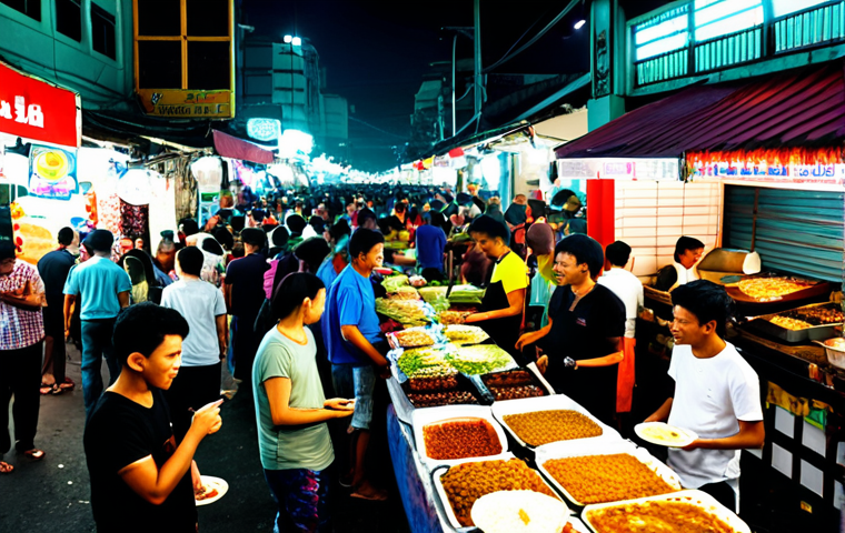 **Image:** A bustling scene at a vibrant "pasar malam" (night market) in Kuala Lumpur, Malaysia. Food stalls are brightly lit, offering local delicacies like "nasi lemak," "satay," and "cendol." People of diverse ethnicities are enjoying the food and atmosphere. *Keywords:* Malaysian culture, street food, night market, Kuala Lumpur, food photography, vibrant colors, safe for work, appropriate content, fully clothed, professional photography.